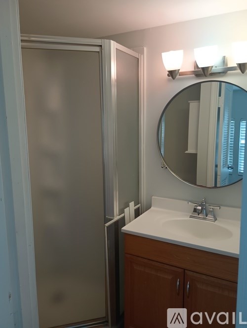 A bathroom with a sink, mirror and a closed shower door.