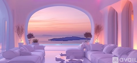 A modern living room with white furniture and a view of the sea through an arched window.