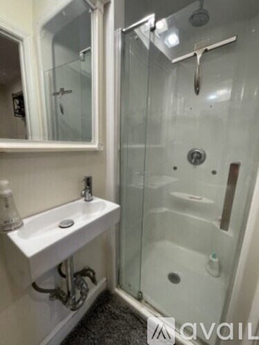 A white sink with a mirror above it and a glass shower stall with a door.
