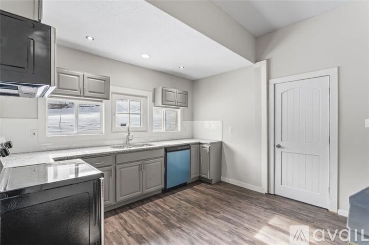 A kitchen with a black fridge and a white door.
