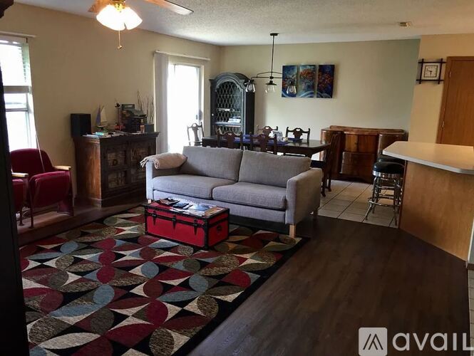 A living room with a grey couch and a rug with a pattern of circles and diamonds.