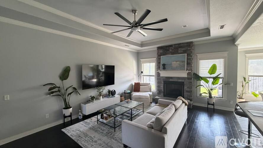 A living room with a fireplace and a television.
