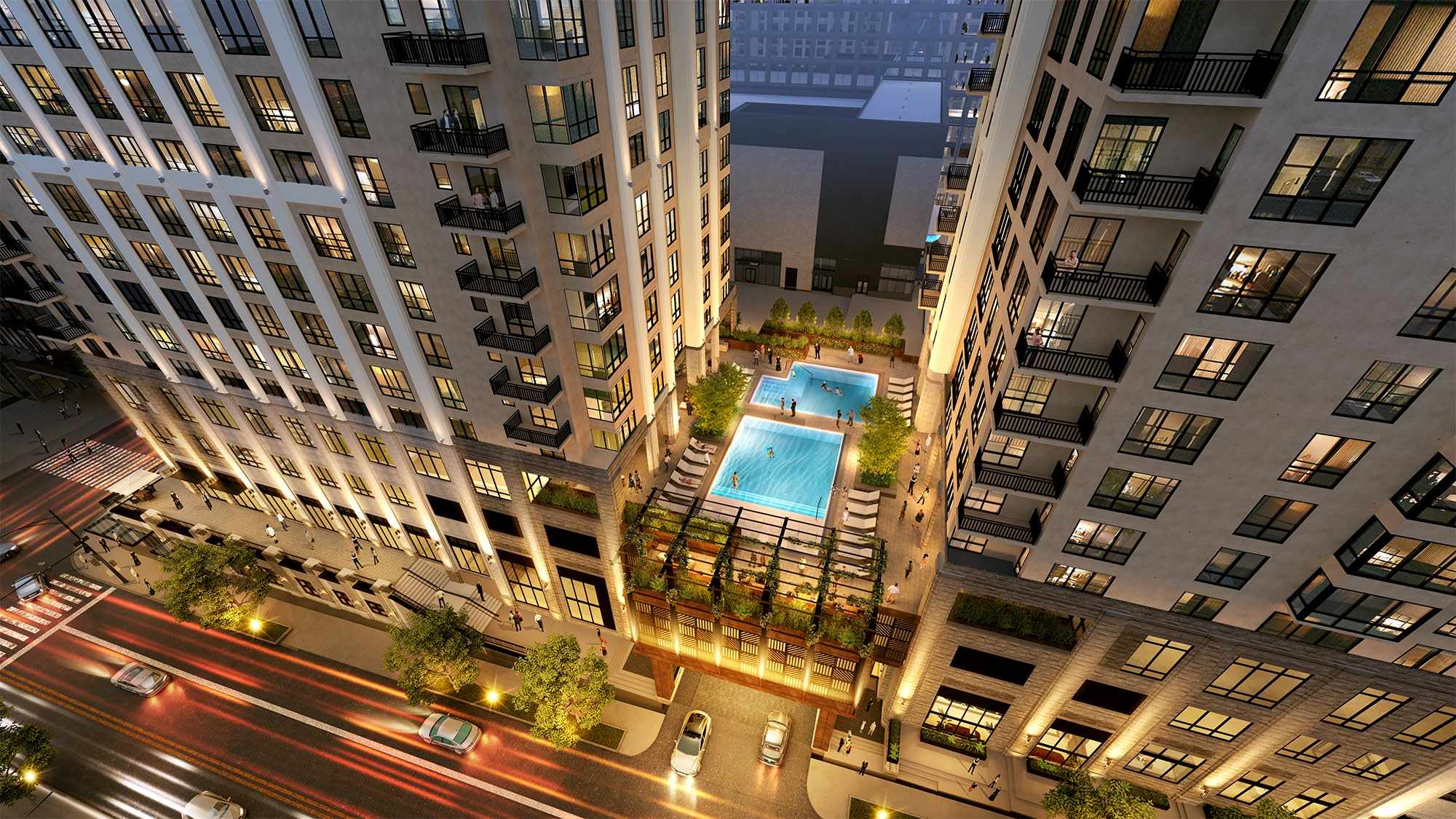 A tall building with a pool in the middle of it.