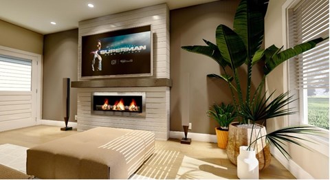 A living room with a fireplace and a television displaying the title "Superman".