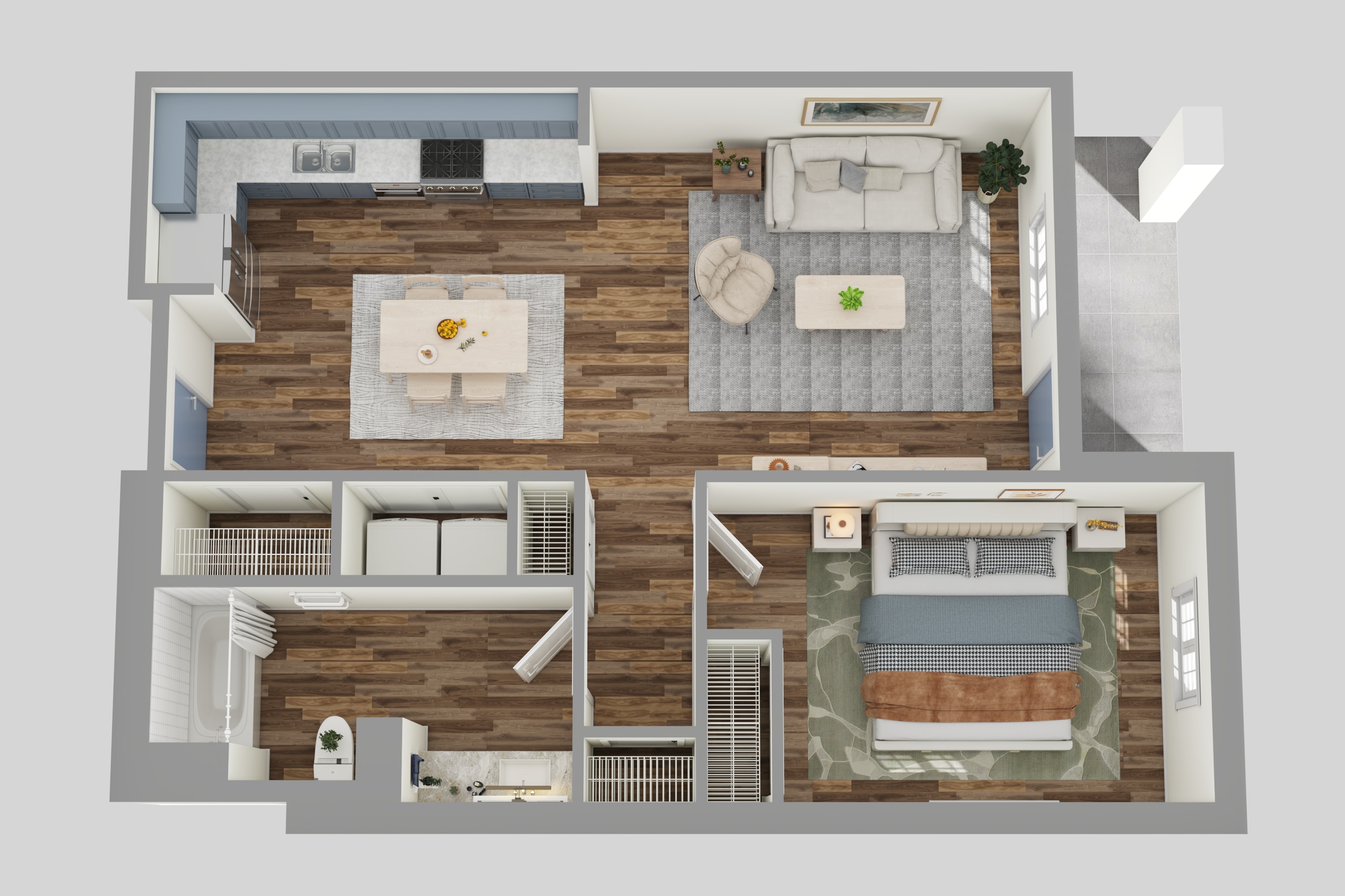 A top-down view of a house layout with a kitchen, living room, and two bedrooms.