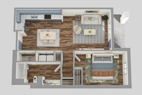 A top-down view of a house layout with a kitchen, living room, and two bedrooms.