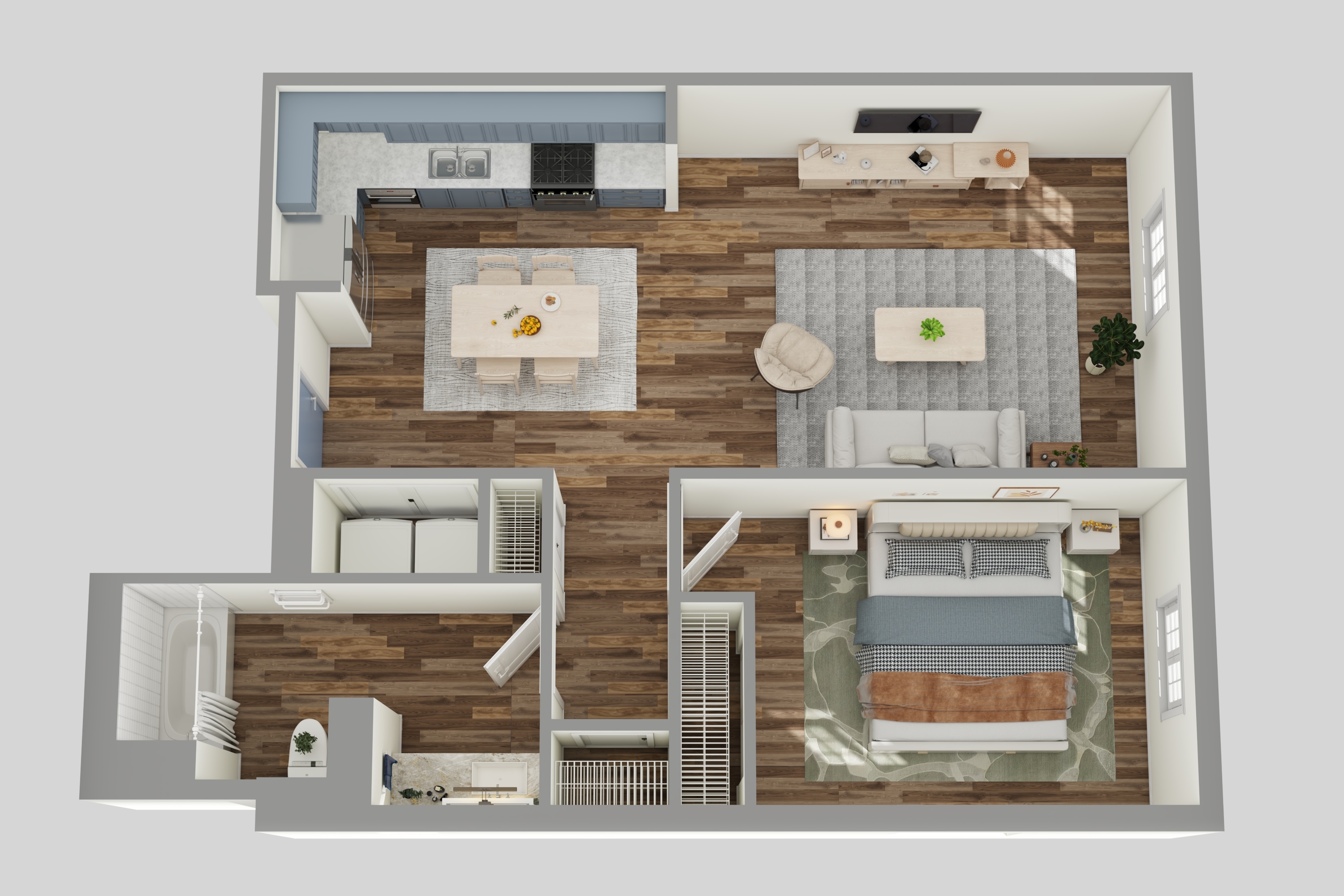 A top-down view of a house layout with two bedrooms, a living room, a kitchen, and a bathroom.