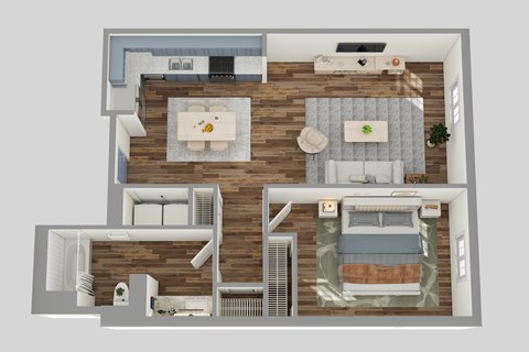 A top-down view of a house layout with two bedrooms, a living room, a kitchen, and a bathroom.