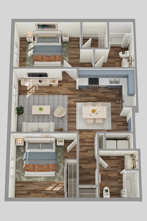 A top-down view of a house layout with three bedrooms, a living room, a kitchen, and a bathroom.