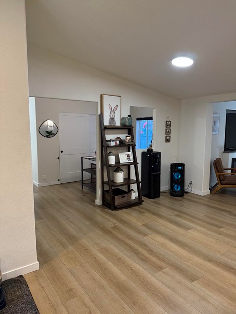 A room with a wooden floor and a white door.