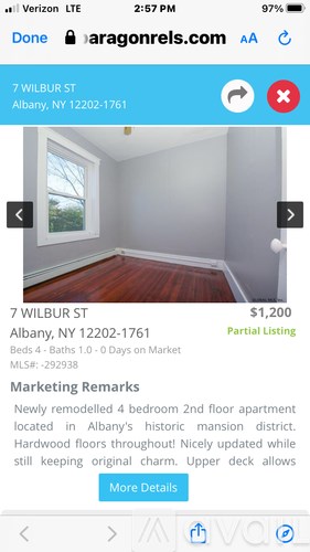 A listing for a 4 bedroom, 2 bathroom apartment in Albany, NY.