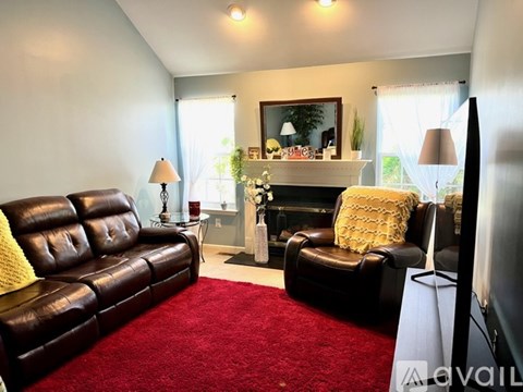 A living room with a red carpet and a fireplace.