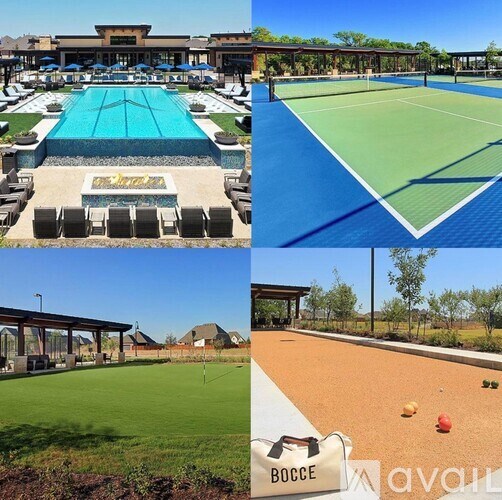 A collage of four images showing a pool, tennis court, golf driving range, and a bocce court.
