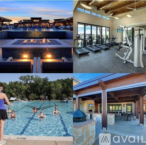 A collage of images showing a swimming pool, a gym, and a lounge area.