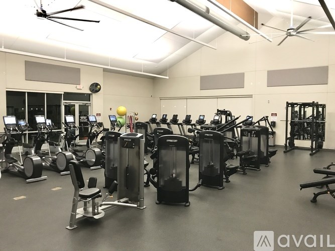 A gym with various exercise machines and weights.