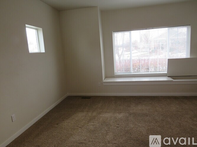 A room with a carpeted floor and a window.