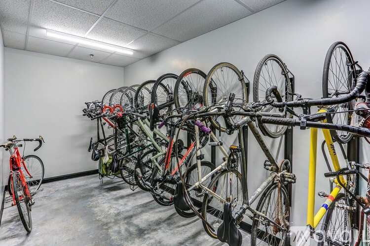 A row of bicycles are parked in a bike rack.