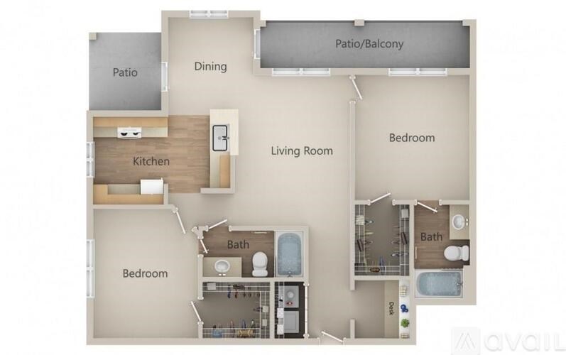 A floor plan of an apartment with a kitchen, living room, and two bedrooms.