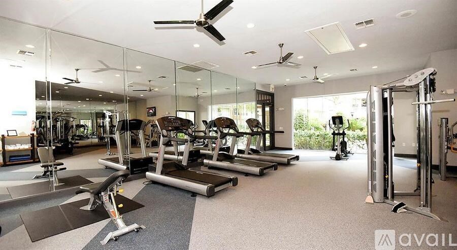 A gym with a variety of equipment including treadmills, weights, and a rowing machine.