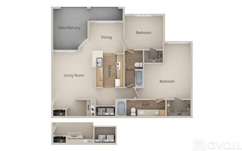 A floor plan of an apartment with a living room, dining room, kitchen, and two bedrooms.