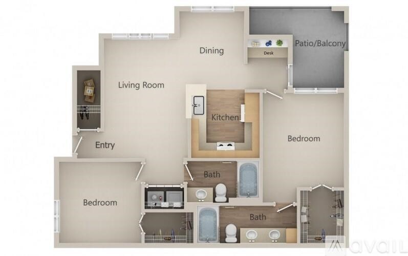 A floor plan of a house with a living room, dining room, kitchen, two bedrooms, and bathrooms.