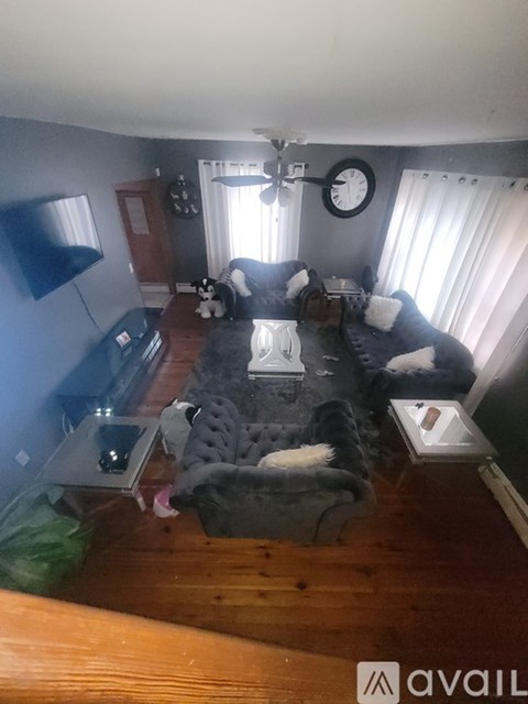 A dog bed in the middle of a living room with a television and a clock on the wall.