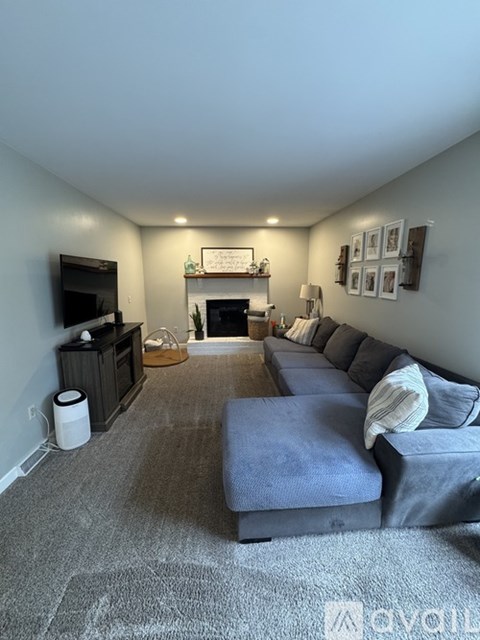 A living room with a grey sofa and a fireplace.