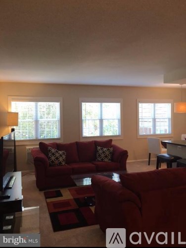 A living room with a red couch and a rug.