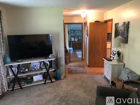 A living room with a television, a sofa, and a table with a vase on it.