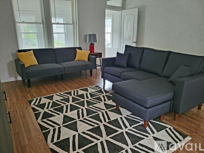 A living room with a grey couch and a black and white rug.
