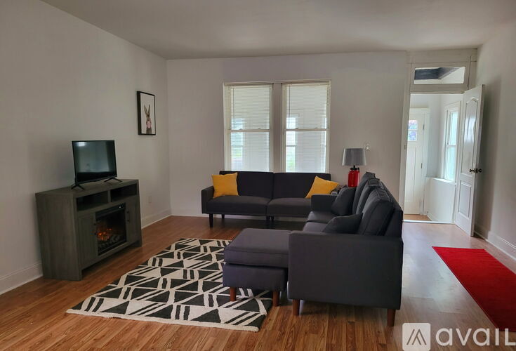 A living room with a grey couch, a television, and a patterned rug.