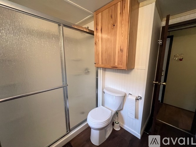 A small bathroom with a toilet and a shower stall.