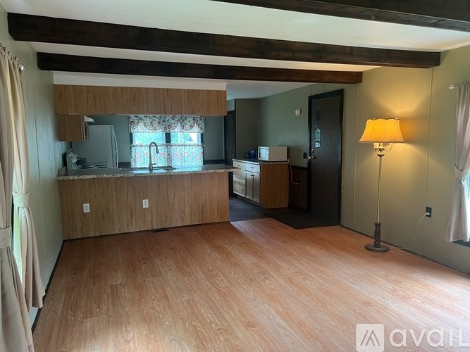 A kitchen area with wooden floors and a countertop with a sink.