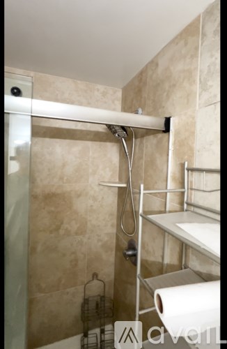A bathroom with a shower, sink, and toilet paper.