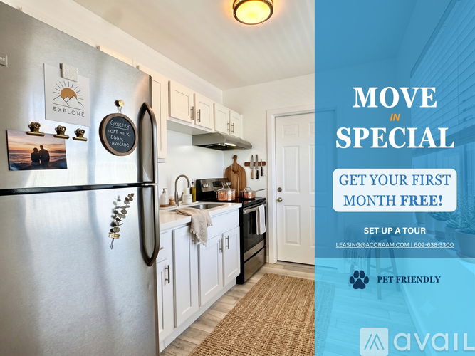 A kitchen with a refrigerator, sink, and cabinets is advertised for rent.