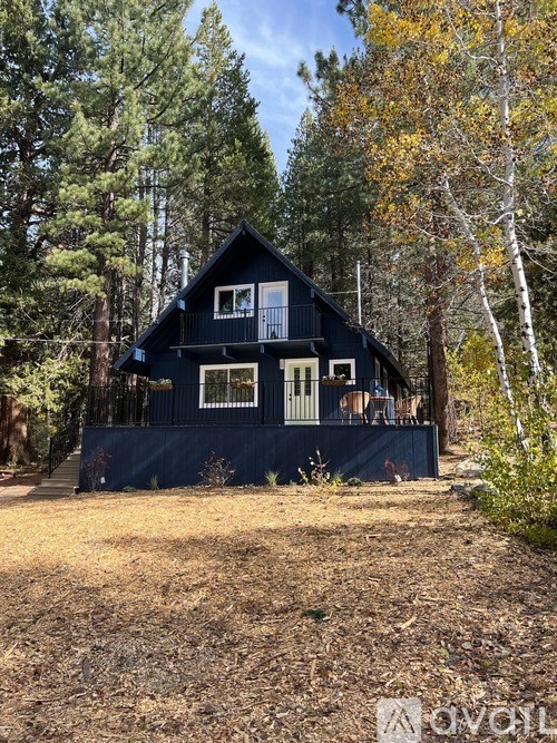 A blue house with a balcony is surrounded by trees.