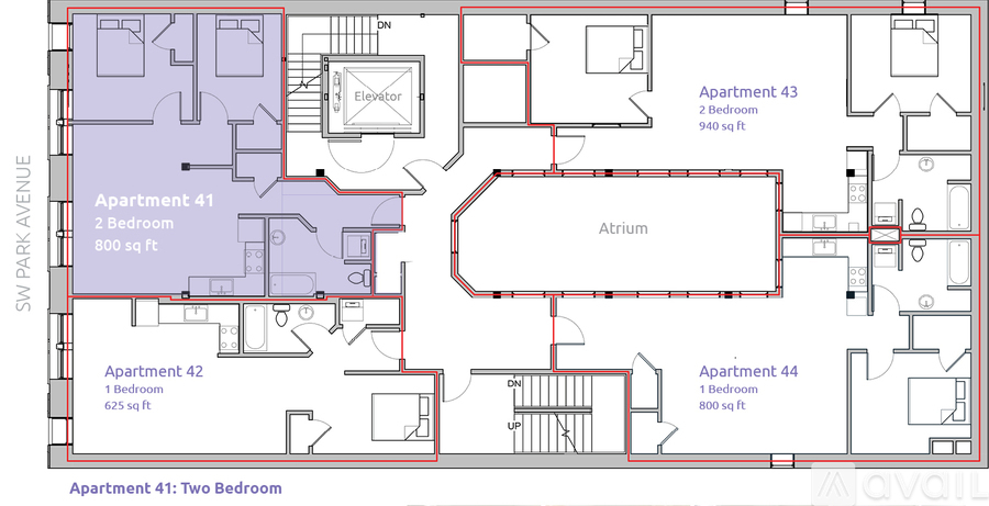 A floor plan of an apartment complex with four apartments, each with different bedroom configurations.