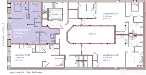 A floor plan of an apartment complex with four apartments, each with different bedroom configurations.