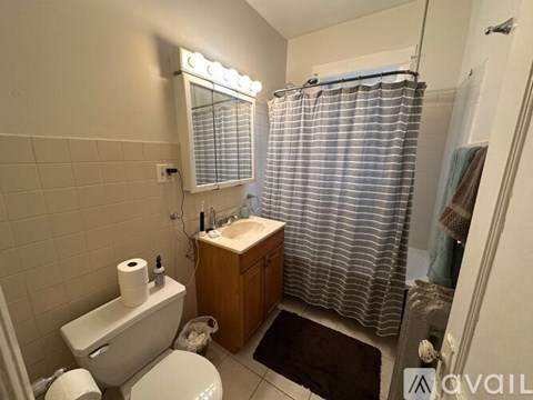 A bathroom with a toilet, sink, and shower curtain.