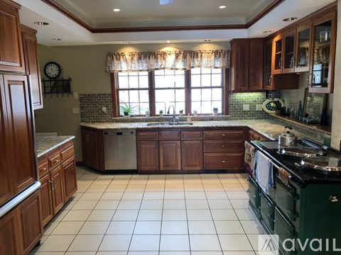 A kitchen with wooden cabinets and a green stove top oven.