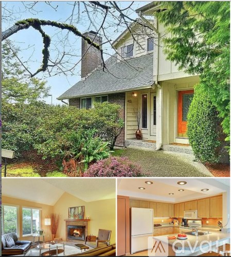 A house with a red door and a living room with a fireplace.
