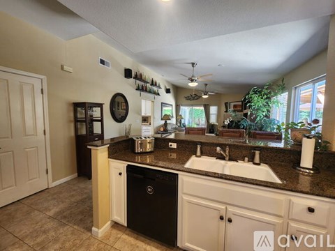 A kitchen with a black dishwasher and a black countertop.