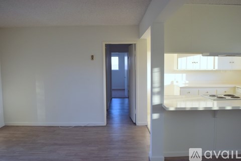 A kitchen area with a counter and a doorway leading to another room.
