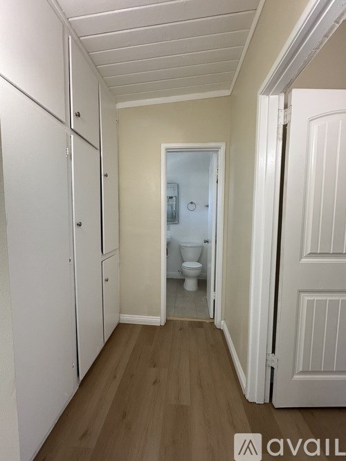 A hallway with a toilet visible through the door.