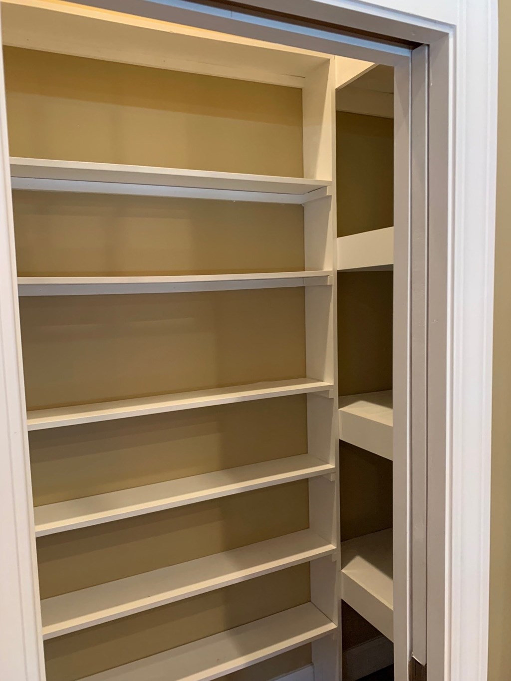 Empty white shelves in a pantry.