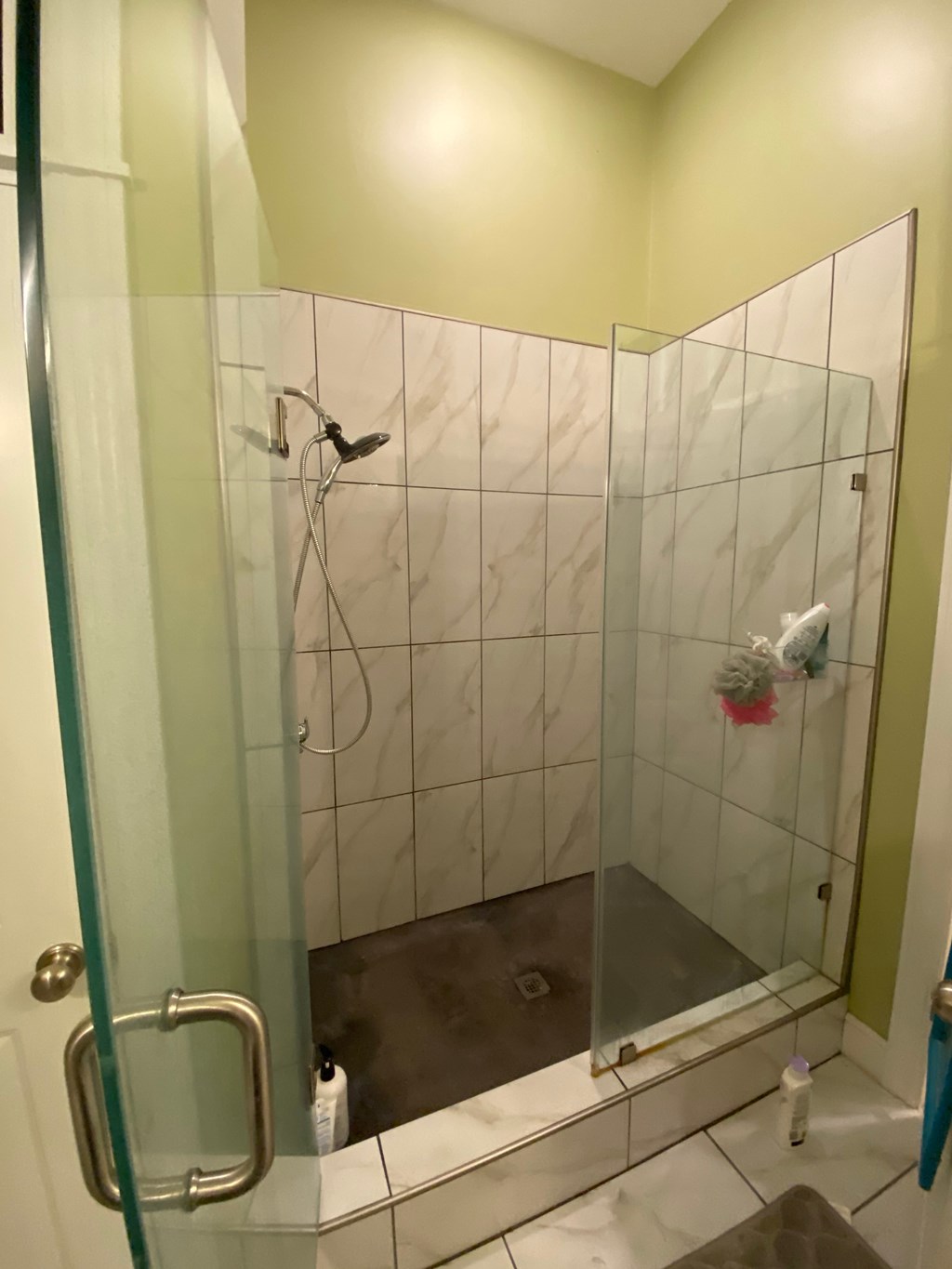 A glass shower stall with a glass door and a glass shower head.