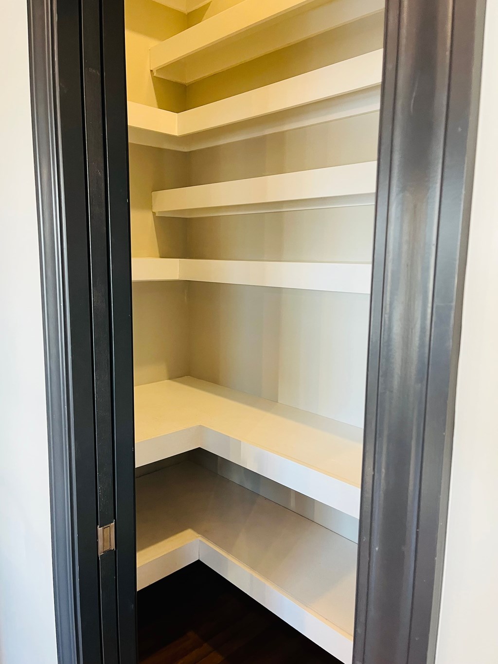 A tall, narrow shelving unit with several shelves.