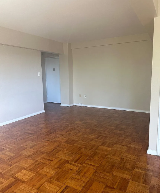 A room with a wooden floor and a door.