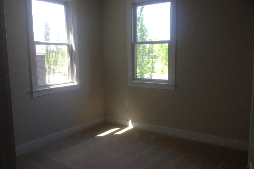 A room with two windows letting in sunlight.