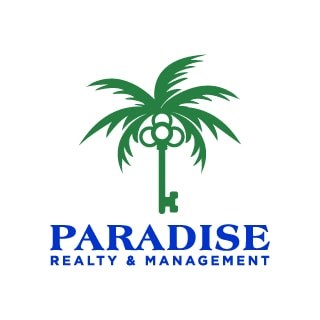 A logo for Paradise Realty & Management featuring a palm tree and a key.